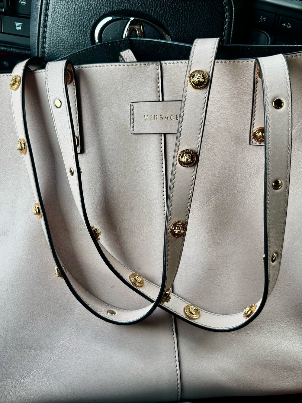 Versace Cream Leather Tote with Gold Medusa Stud Accents